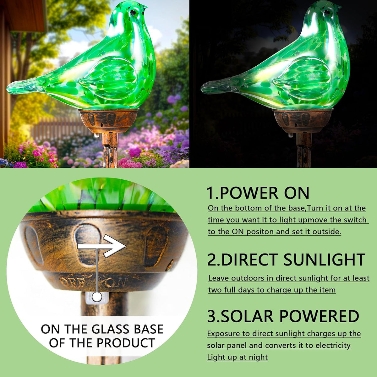 Decorative Solar Lights Outdoor Solar Bird Stake Lights Hand Blown Glass Decorative Garden Pathway Lights Outdoor Waterproof Glass Stakes (Green)