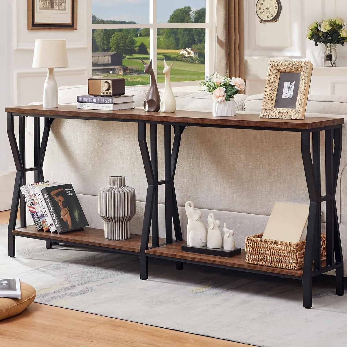 HOMISSUE Sofa Console Table, 70.9" Extra Long Sofa Table with 2-Tier Storage, Industrial Narrow Console Tables Behind Couch, Hallway Table for Entryway, Living Room, Rustic Brown