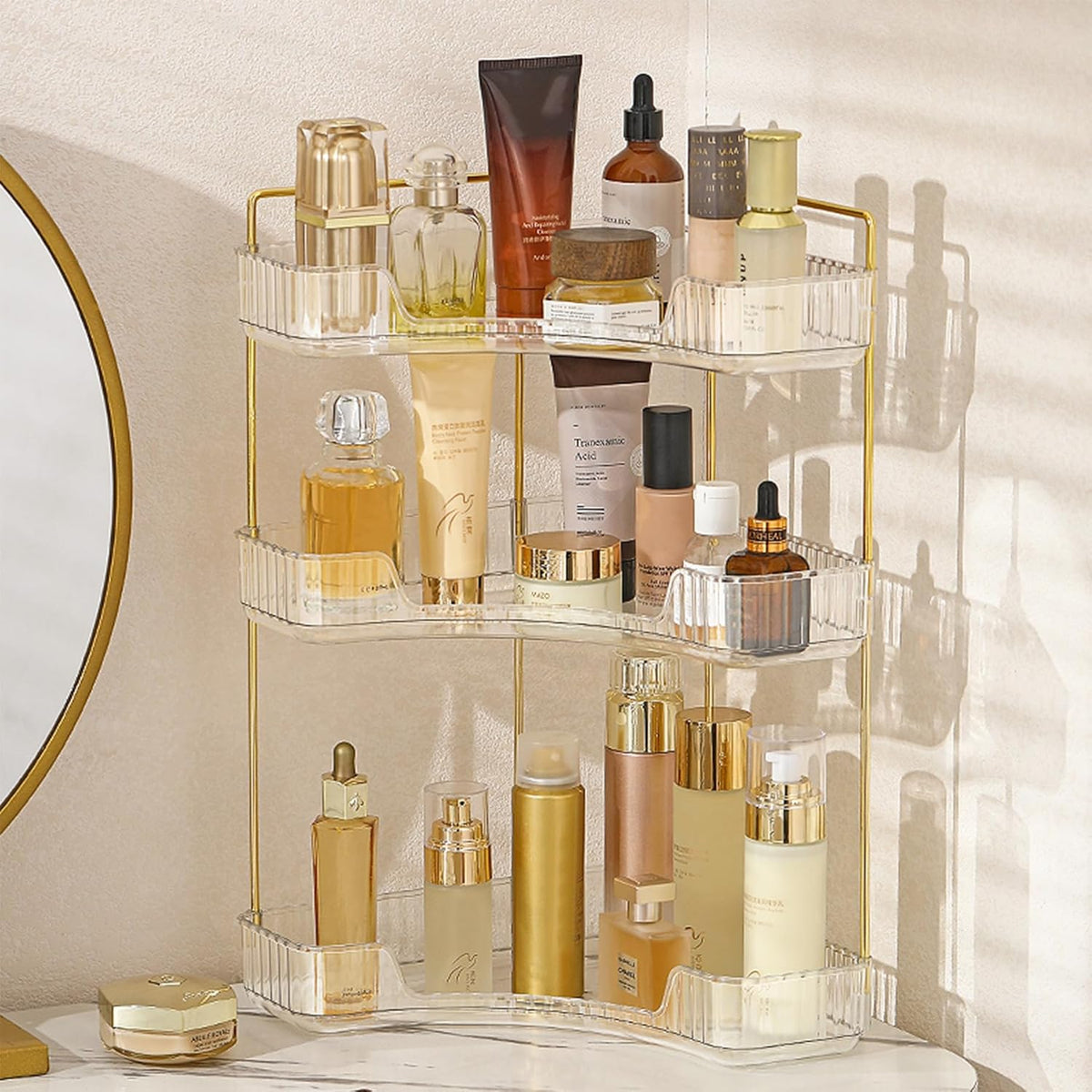 Aveniee Corner Bathroom Counter Organizer, Bathroom Countertop Shelf Makeup Storage, Clear Perfume Tray Holder (3 Tiers, White)