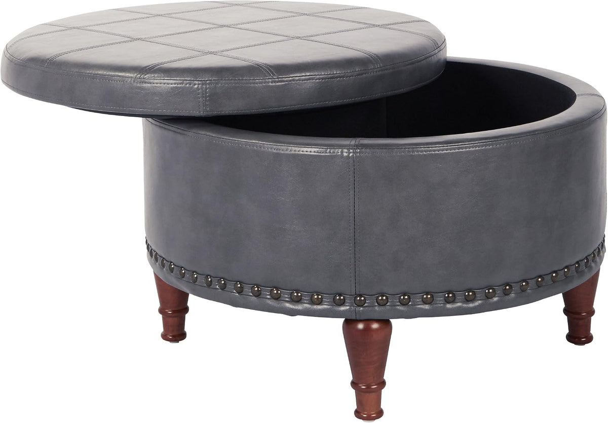 OSP Home Furnishings Alloway Storage Ottoman with Antique Bronze Nailheads, Pewter Faux Leather