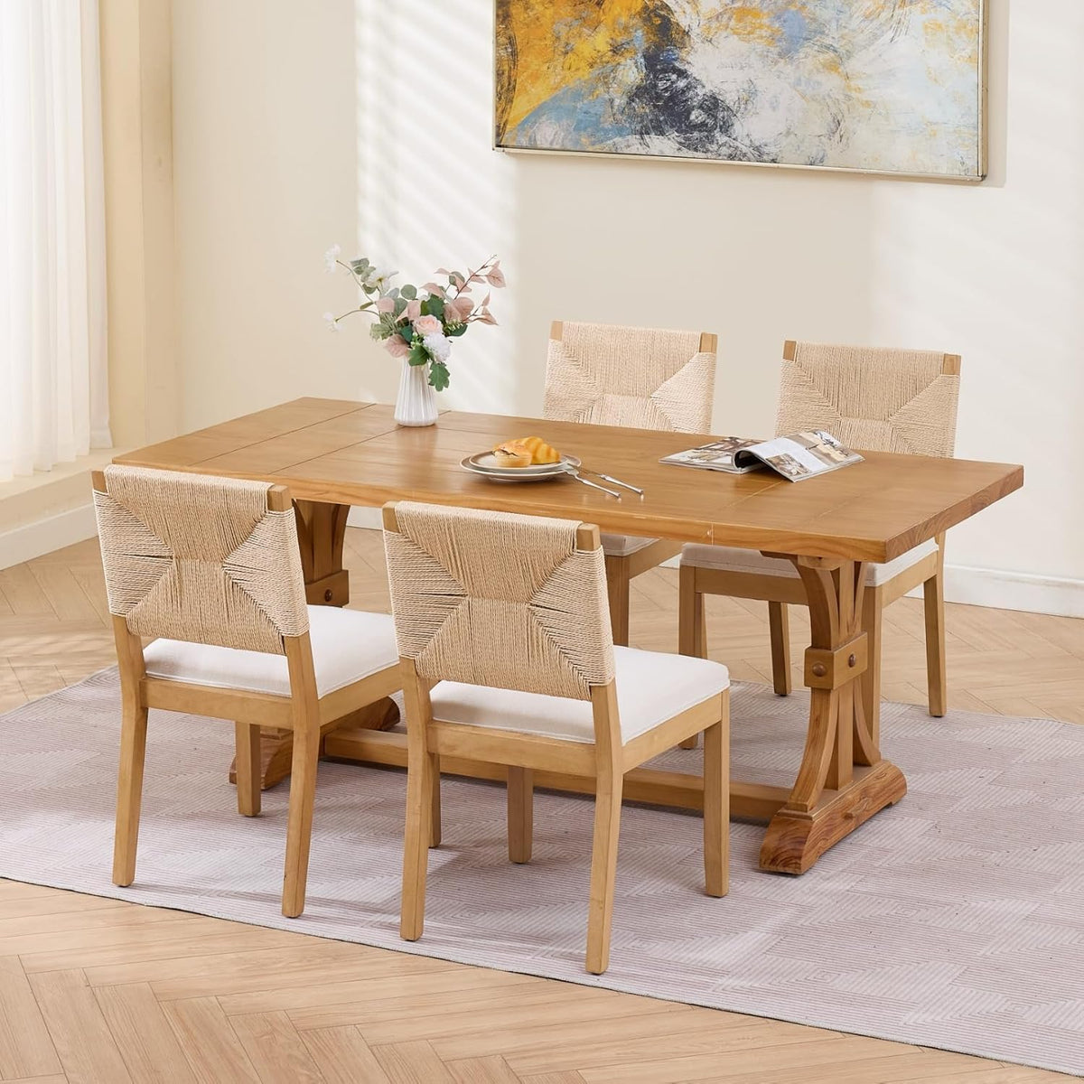 French Country Dining Chairs Set of 8, Beige Farmhouse Wood Dining Room Chairs, Woven Back Linen Upholstered Dining Chair, Solid Wood Legs, Boho Style Kitchen Chairs, Sillas de Comedor