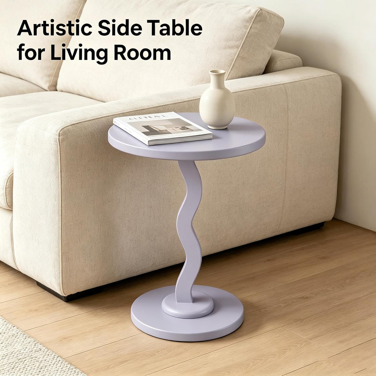 Rubberwood Side Table with Satin Finish, Unique Wavy Silhouette, Sturdy Load-Bearing Tabletop and Smooth Polished Edges, Requires Simple Assembly(Lightpurple)