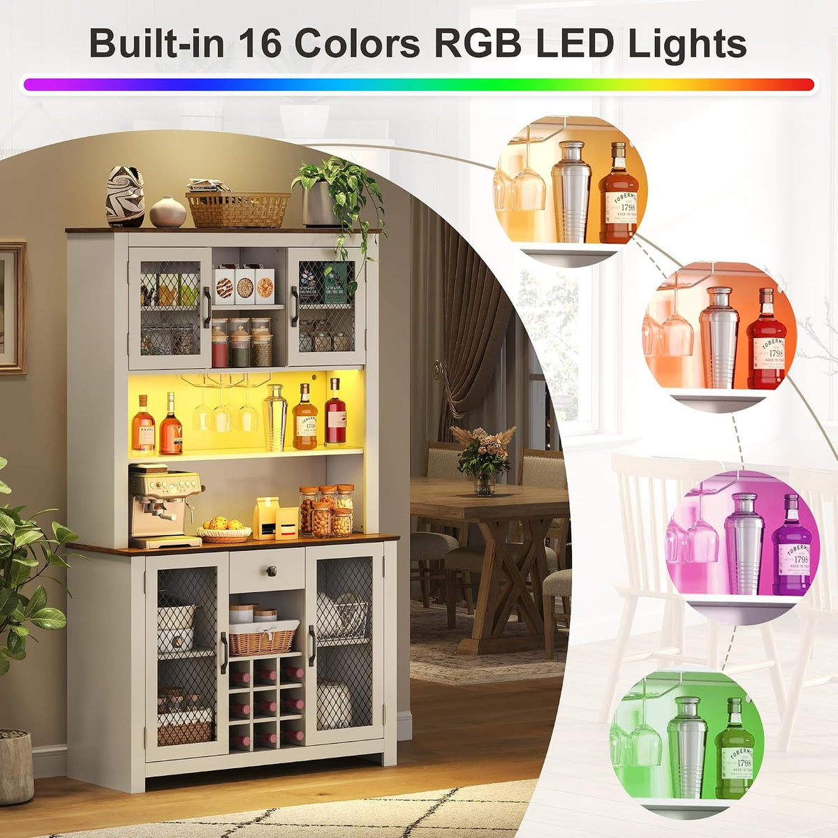70.9" Kitchen Pantry Storage Cabinet Rustic Buffet Cabinet, Kitchen Hutch Cabinet with LED Outlets Food Pantry with Doors and Shelves Wine Rack for Dining Room, White