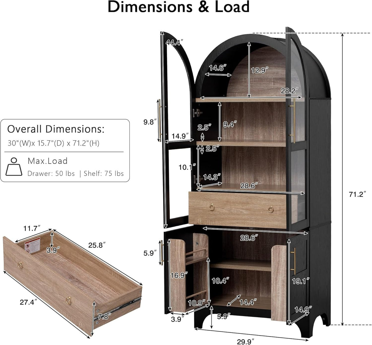 71" Tall Arched Kitchen Pantry Cabinet with Door Shelves, Farmhouse Kitchen Storage Cabinet with Open & Adjustable Shelves, Hidden Drawer & Glass Door, Cupboard for Kitchen, Dining Room, Black