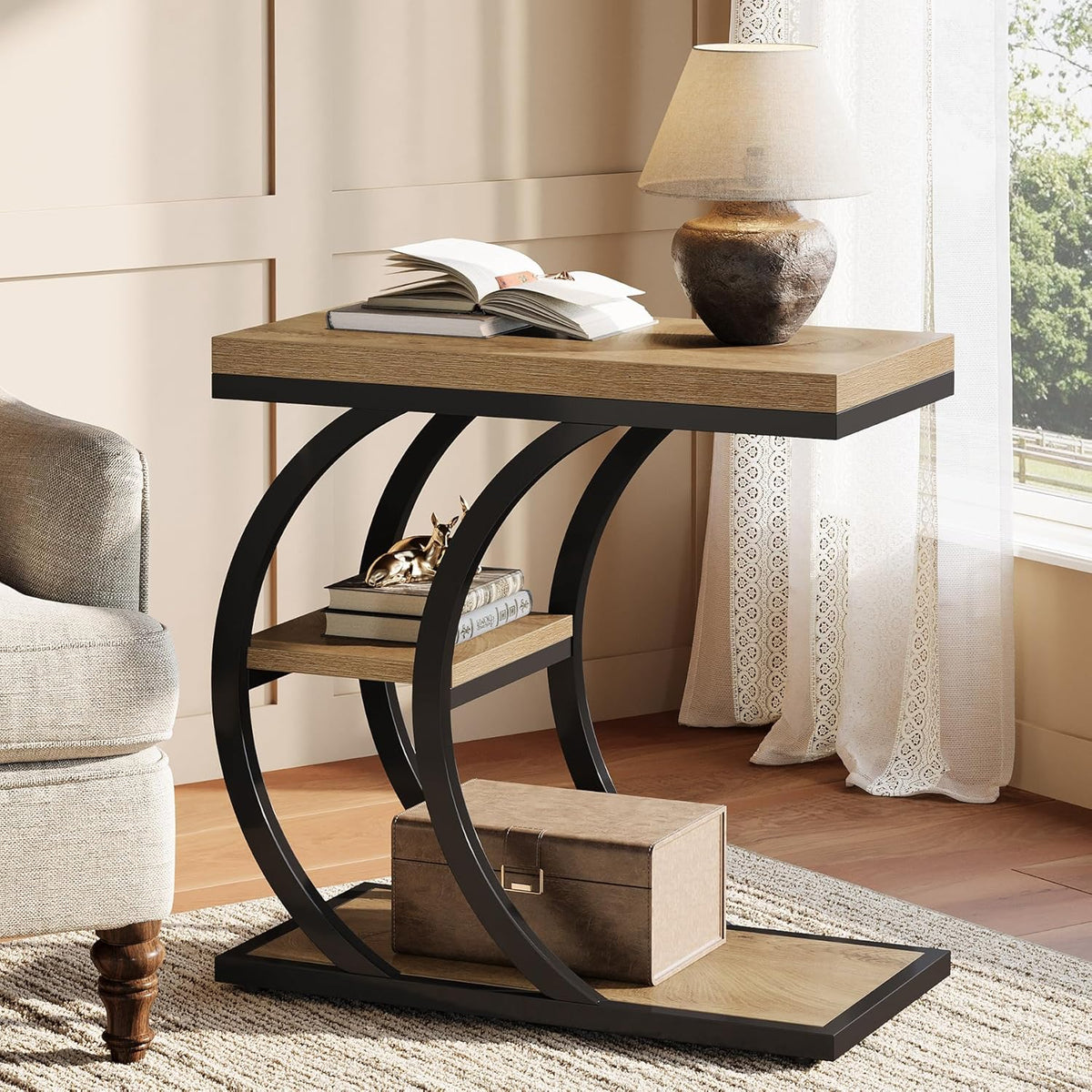 Tribesigns End Table for Living Room, 3-Tier Narrow Wood Couch C-Shaped Side Table with Storage, Industrial Nightstand for Bedroom, Small Spaces, Natural