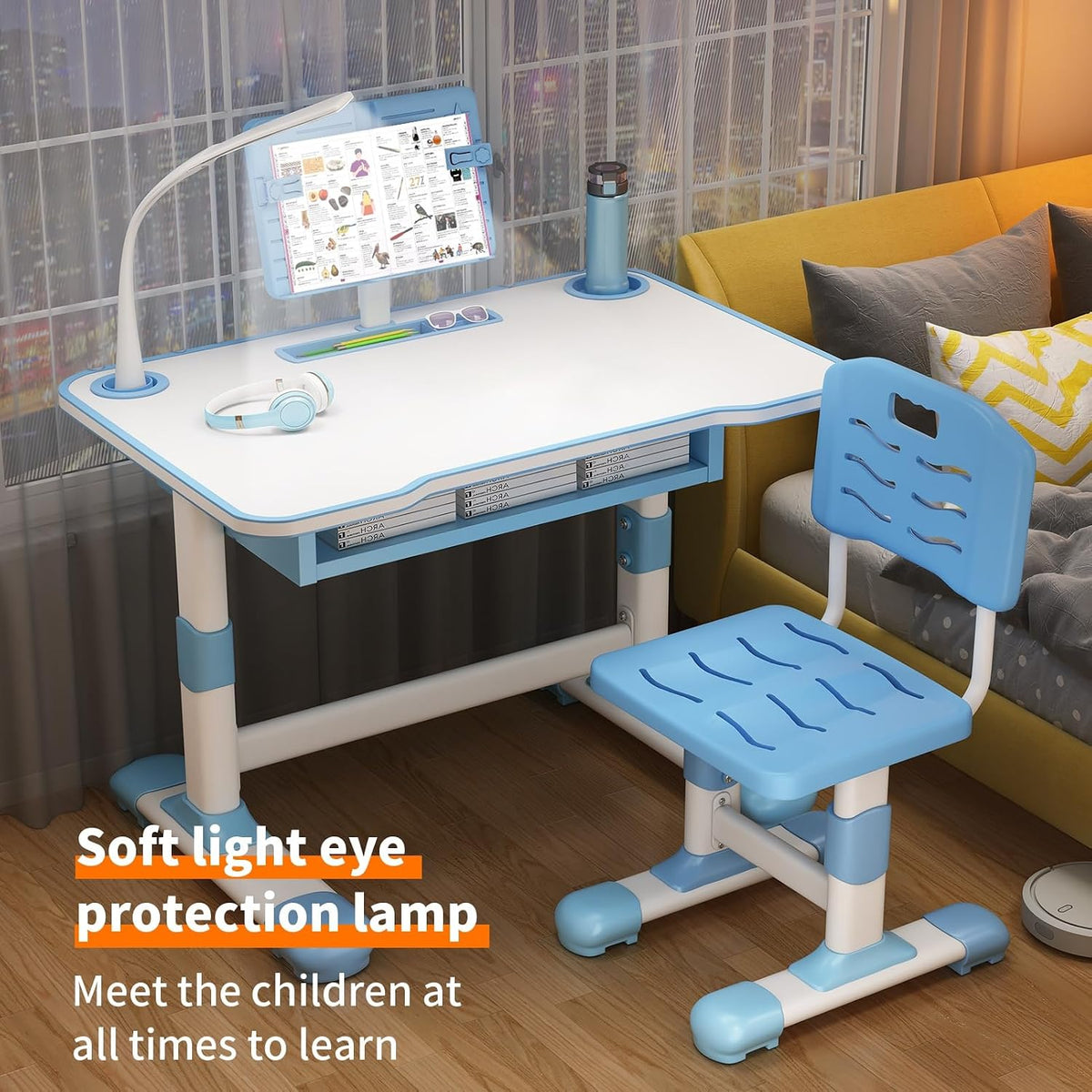 2Pcs Kids Desk and Chair Set,Height Adjustable Children's Writing Desk Set with 40-Degree Tilt-able Reading Stand LED Table Light,Bookstand,Drawer,Ergonomic Table Chair Set Blue
