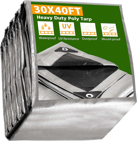 Yescom 30x40FT 14 Mil Heavy Duty Reinforced Poly Tarp Reversible Waterproof Tarpaulin Ground Sheet Cover Reversible Silver Black Tarps