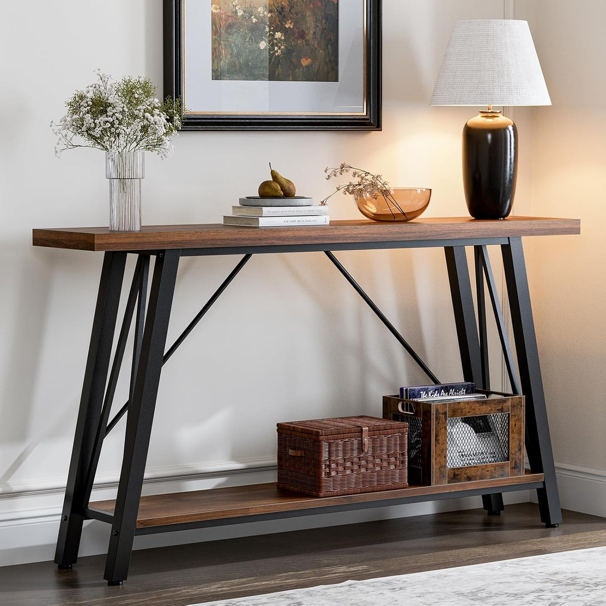 GAZHOME Console Table with Storage Shelf - Industrial Style Sofa Table Behind Couch for Living Room & Entryway, Rustic Brown,53.1 Inch