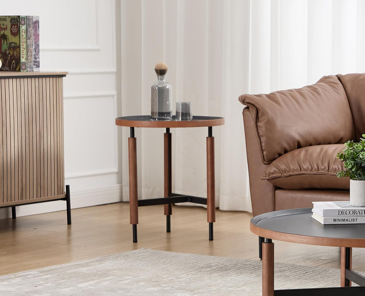 EALSON 19.5" Round Side Table Mid Cnetury Modern End Table for Couch Sofa with Black Metal Legs/Wood Top Vintage Accent Nightstand for Living Room Bedroom Small Spaces Office, Walnut