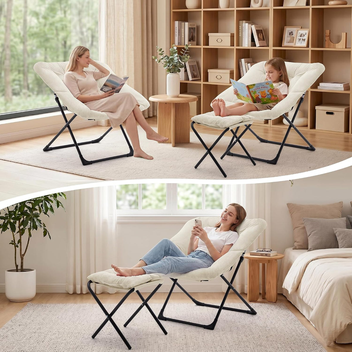 Saucer Chair with Ottoman, Foldable Living Room Chairs, Faux Fur Comfy Reading Chair, Lounge Chair for Bedroom Dorm Small Spaces, Beige