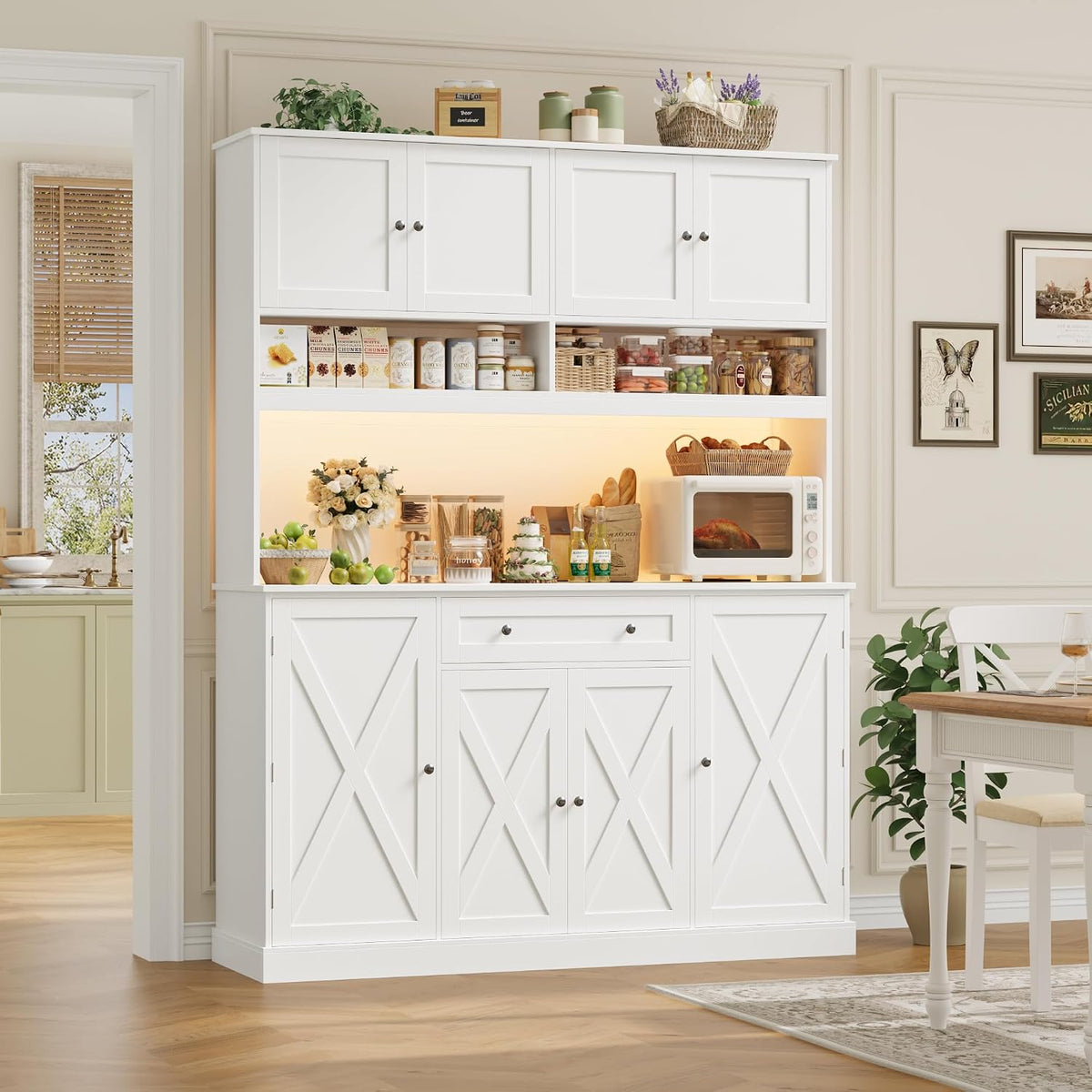 HIFIT 72.8”Hx55”W Pantry Cabinet with LED & Charging Station, Kitchen Hutch | Farmhouse Coffee Bar Cabinet with Storage Drawer, Large Countertop, Swing-Out Door, Hutch Cabinet with Storage, White