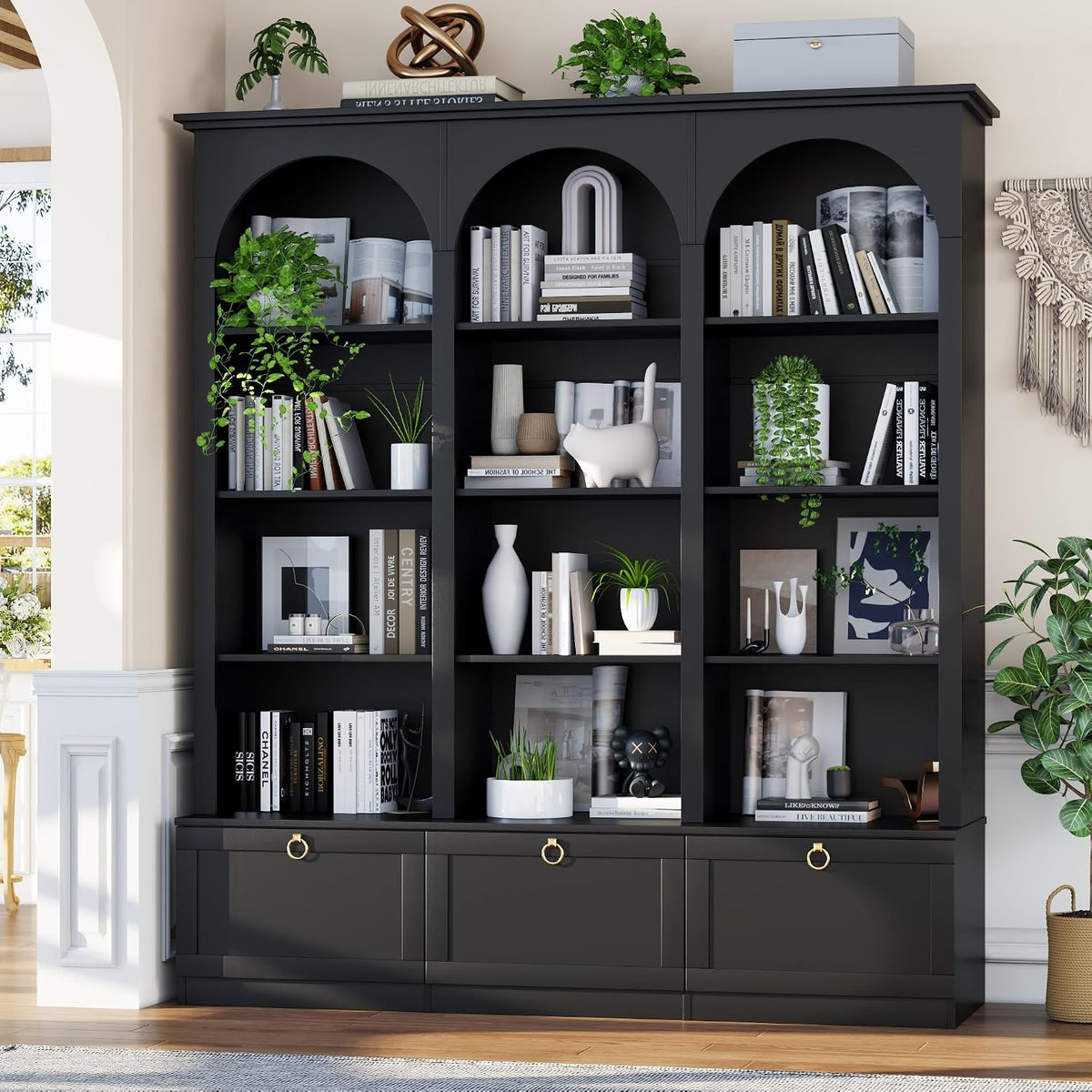 71" Tall Triple Wide Bookshelf with Doors, 5-Tier Large Arched Bookcase