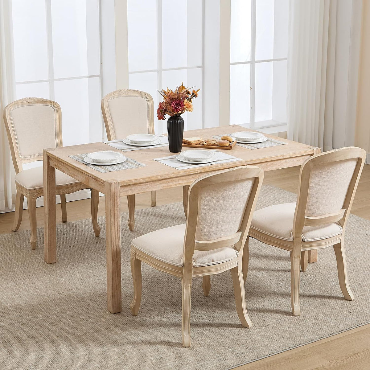 Kmax French Dining Chairs Set of 4, Farbric Upholstered Dining Chairs with Elegant Curved Legs High Back Armless Kitchen Chairs Side Chairs for Dining Room Restaurant - Linen, Beige/Natural Legs