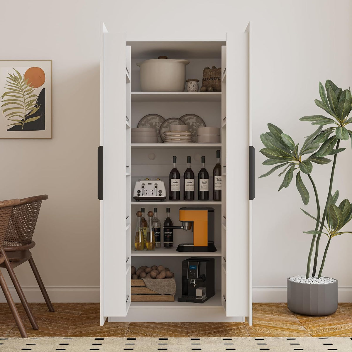 22 inch Deep Kitchen Pantry Cabinet Storage Organizer with Fridge Space,Wood White Food Kitchen Cupboard with 12 Door Shelves Storage Dining Room Furniture (White)