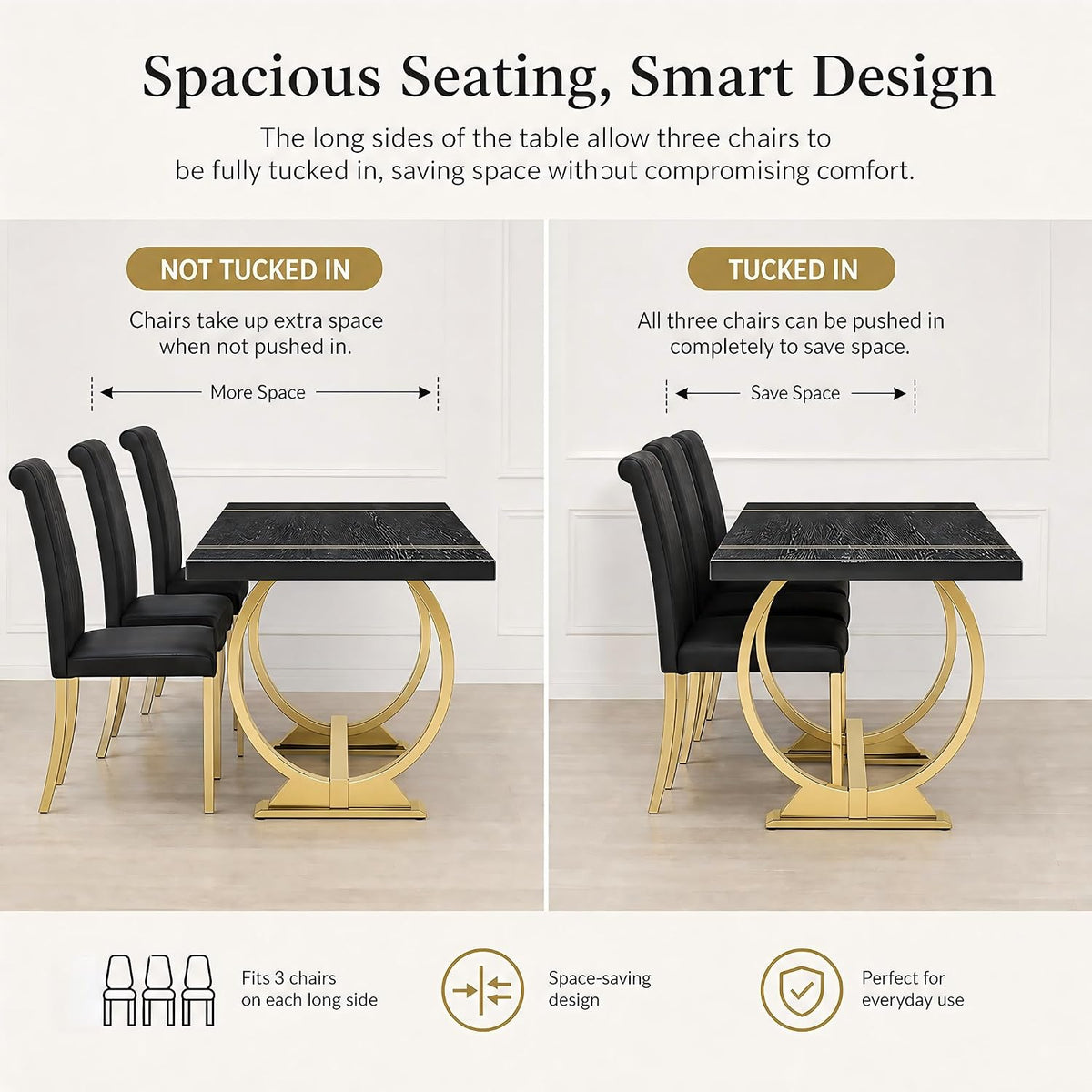 Asday 77" Wooden Dining Table for 6-8, Modern Rectangular Large Kitchen Table with Gold Polished Stainless Steel U-Shaped Base for DiningRoom Kitchen Dinner Home