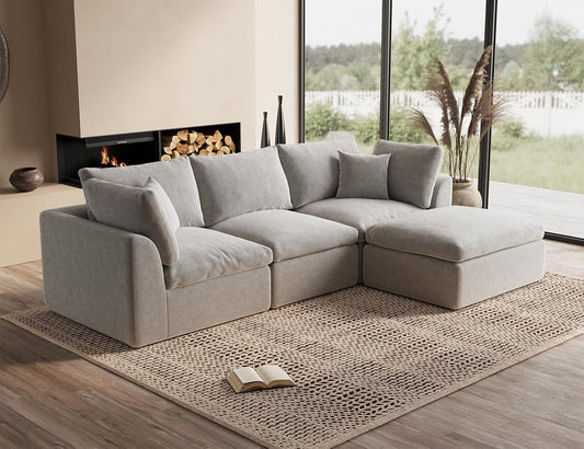 ohllob 110" Cloud Sectional Couches for Living Room, L-Shape Couch with Ottoman, 3 Seater Modular Sectional Sofa, Light Grey
