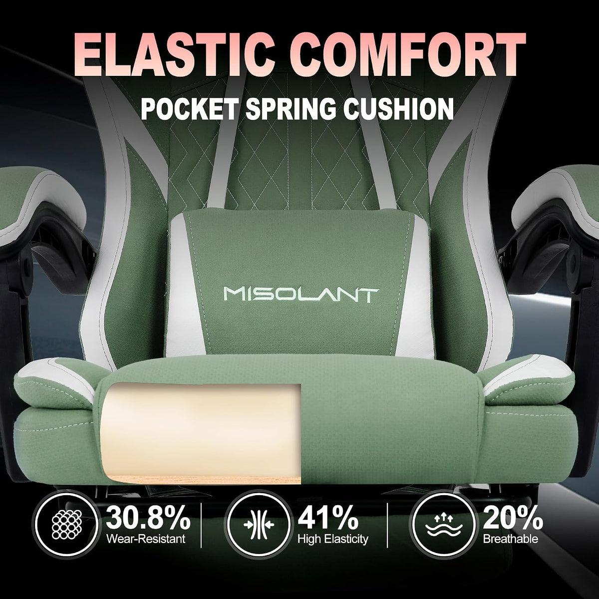 Misolant Gaming Chair, Fabric Gamer Chair with footrest for Adults, High Back Ergonomic Computer Game Chair with Adjustable Headrest and Massage Lumbar Support, 90-155° Recline Free, Green