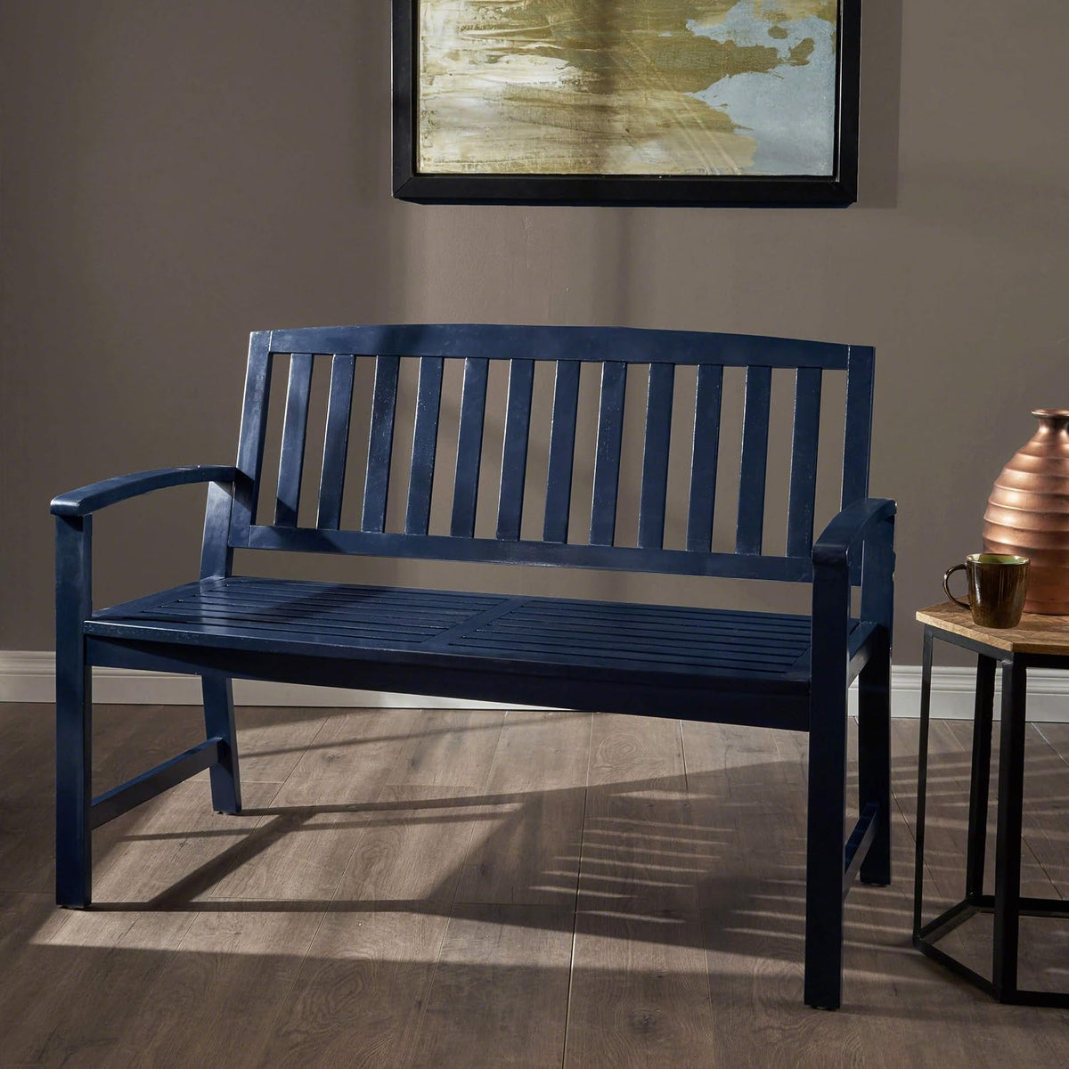 Christopher Knight Home Laurel Farmhouse Cottage Acacia Wood Bench, Pu Navy Blue