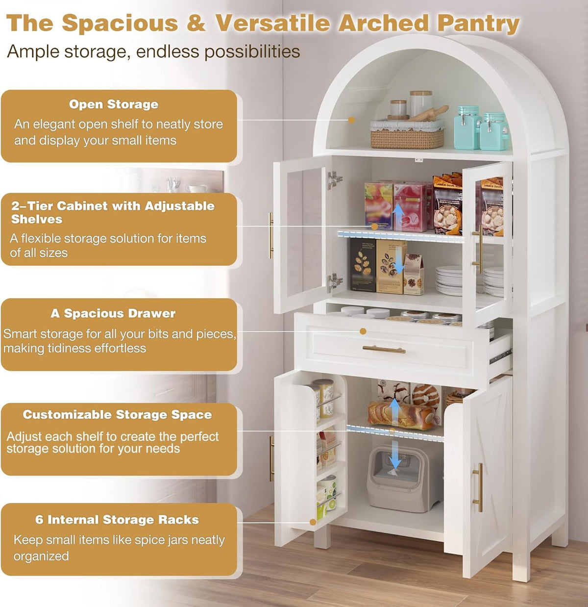 KEIKI 71" Tall Arched Kitchen Pantry Cabinet with Glass Door,Drawer,Farmhouse Storage with Adjustable Shelves Design for Kitchen,Living & Dining Room