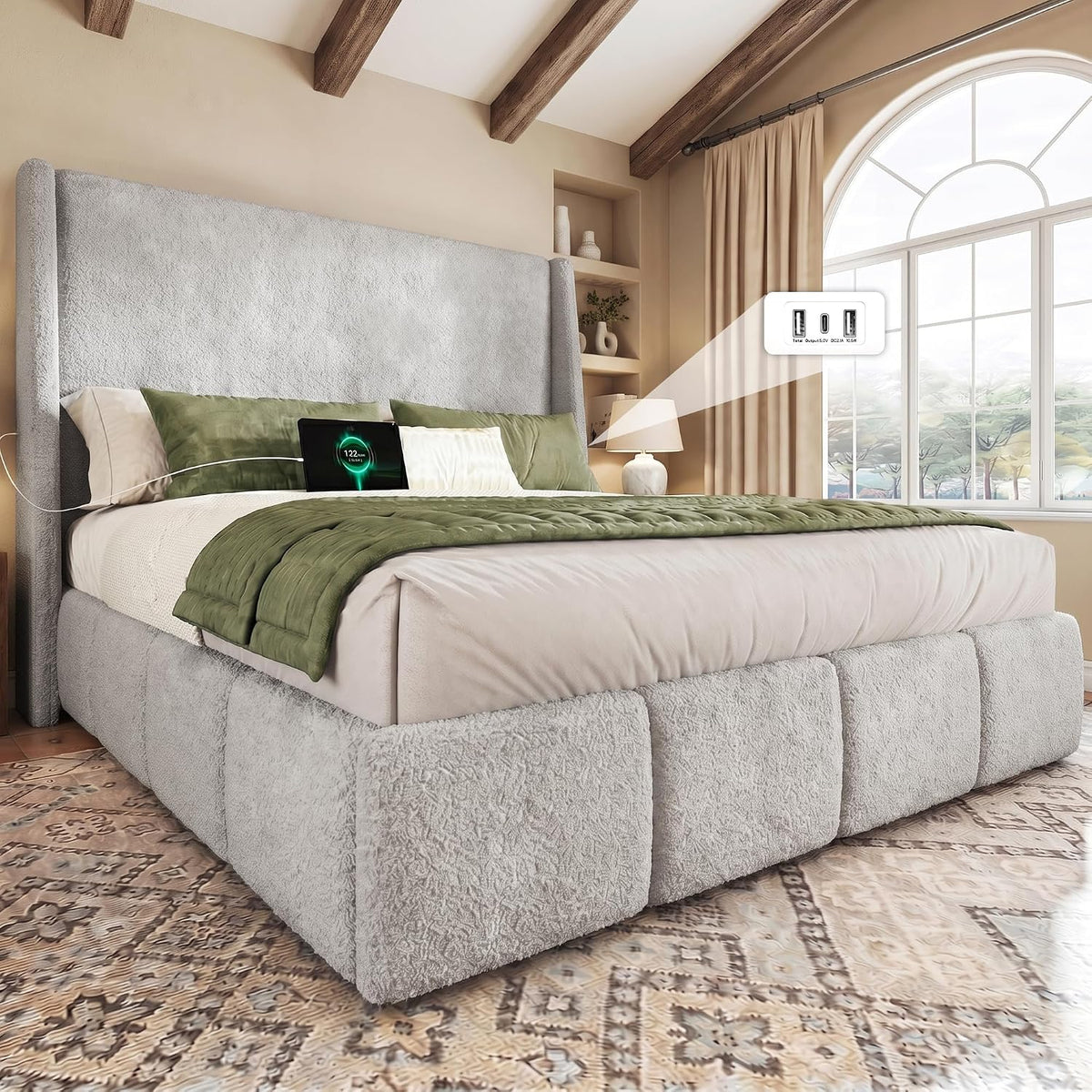 LARMACE King Size Bed Frame 54.2" Extra Tall Wingback Headboard, Lambswool Upholstered Platform Bed with Legs Featuring Built-in Charging Ports, Wood Slats, No Box Spring Needed,Light Grey