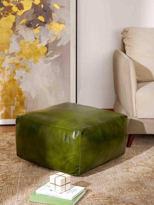 Handmade Eco-Friendly Solid Leather Pouf Green Color Square 21" x 21" x 12" Goat Leather Pouf for Living Room, Bedroom Seating, Patio