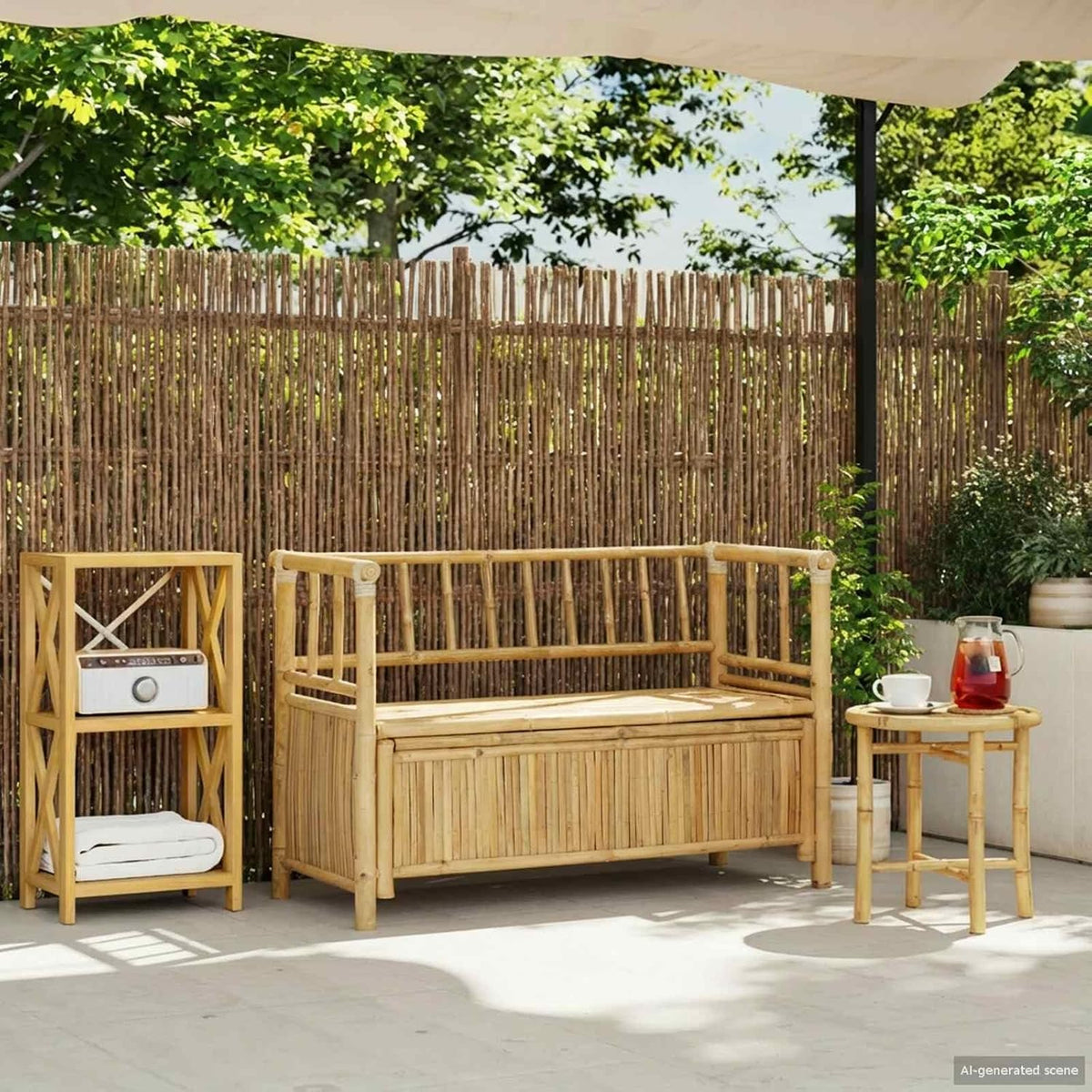 Bamboo Garden Storage Bench, 43 Inch Outdoor Patio Seating with Under Seat Hidden Compartment, Natural Wood Entryway Bench for Sunroom Backyard and Porch