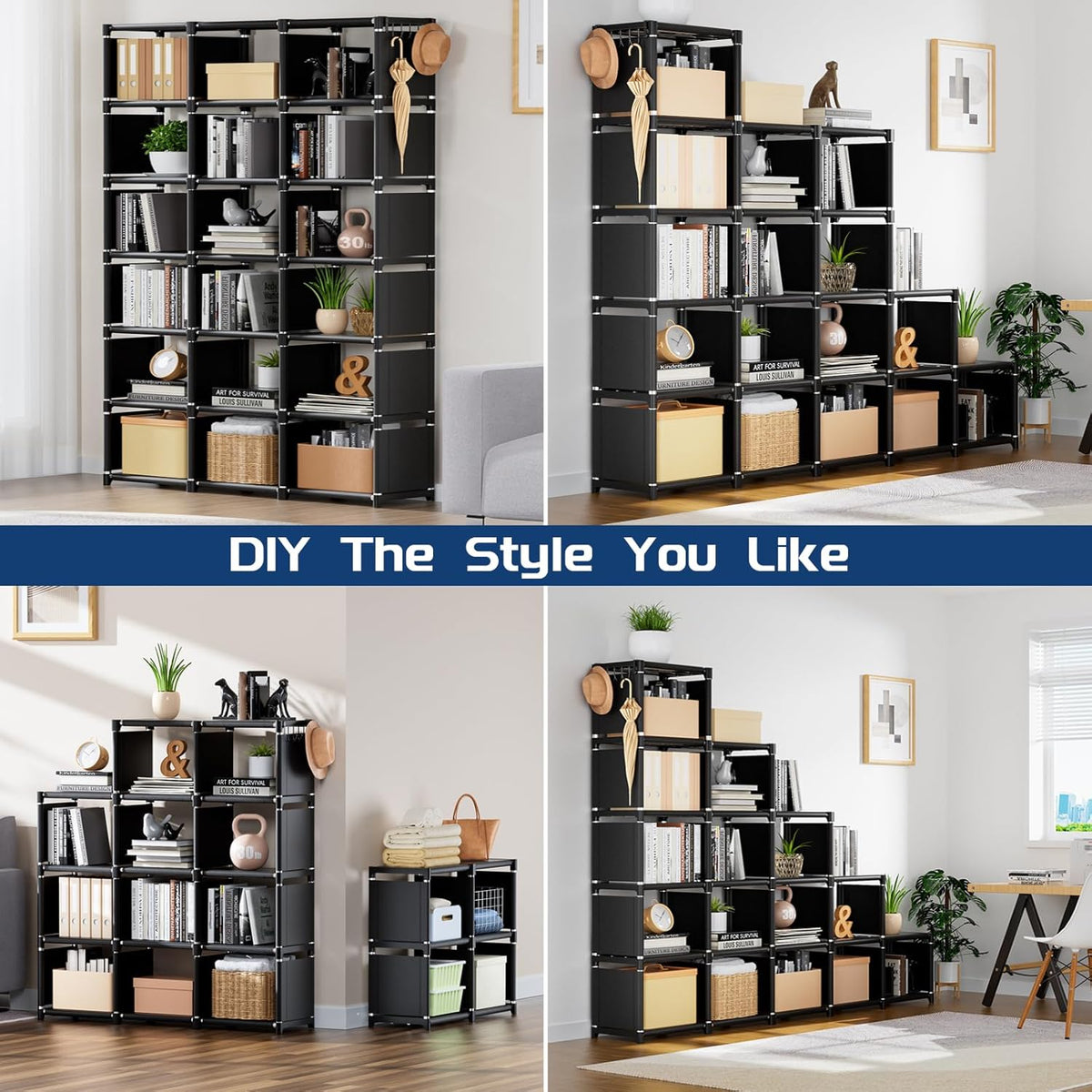 Mavivegue Bookcase, 18-Cube Extra Large Book Shelf, DIY Cube Storage Organizer for Bedroom, Living Room, Home Office - Black