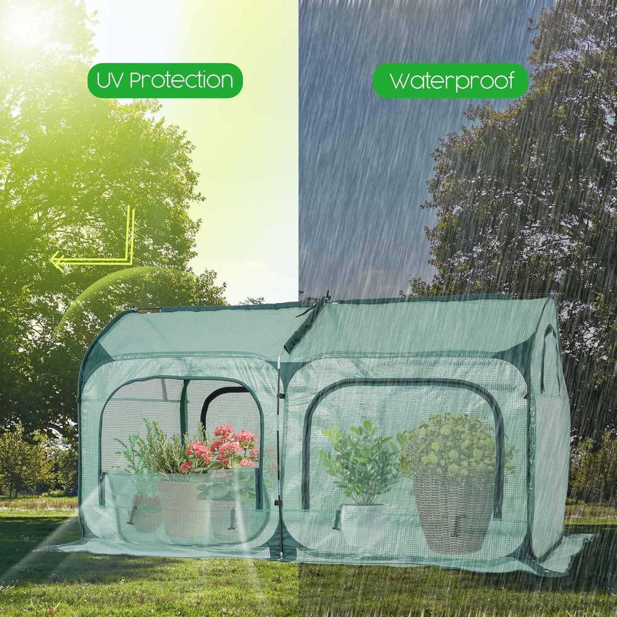 Pop up Greenhouse Tent Cover Tunnel Plant House,Large Gardening Flower Sunshine Room with Mesh Windows,Backyard PE Cover for Cold Frost Protector with Stakes and Rope Guys (Medium Size)