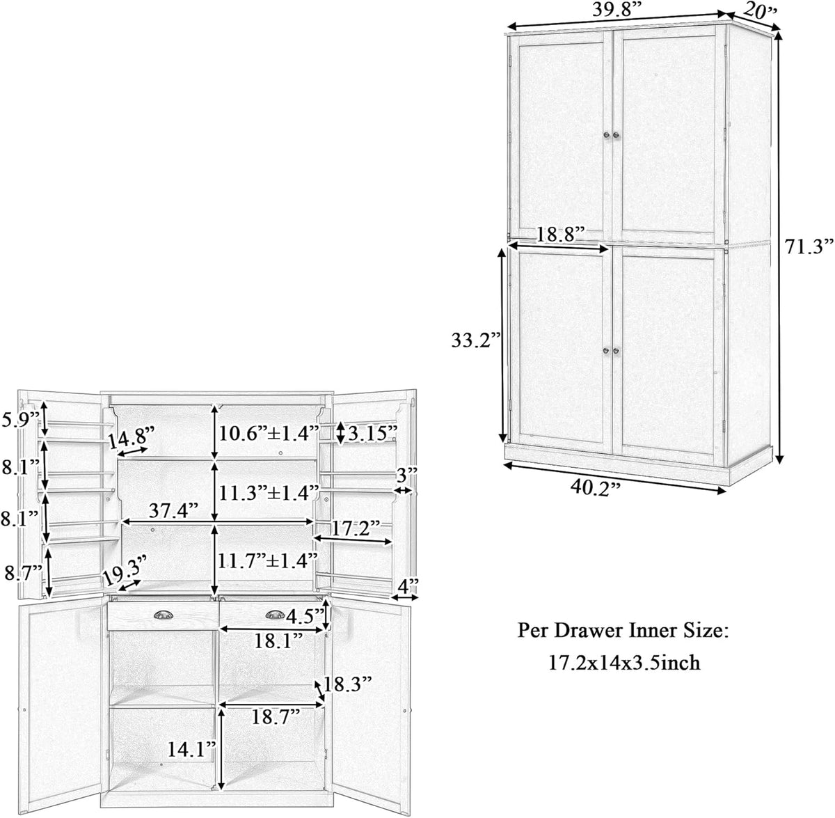 71.3" Freestanding Kitchen Pantry Cabinet with 2 Drawers, 8 Door Shelves & Adjustable Shelves, Large Farmhouse Storage for Kitchen Dining Room, Blue