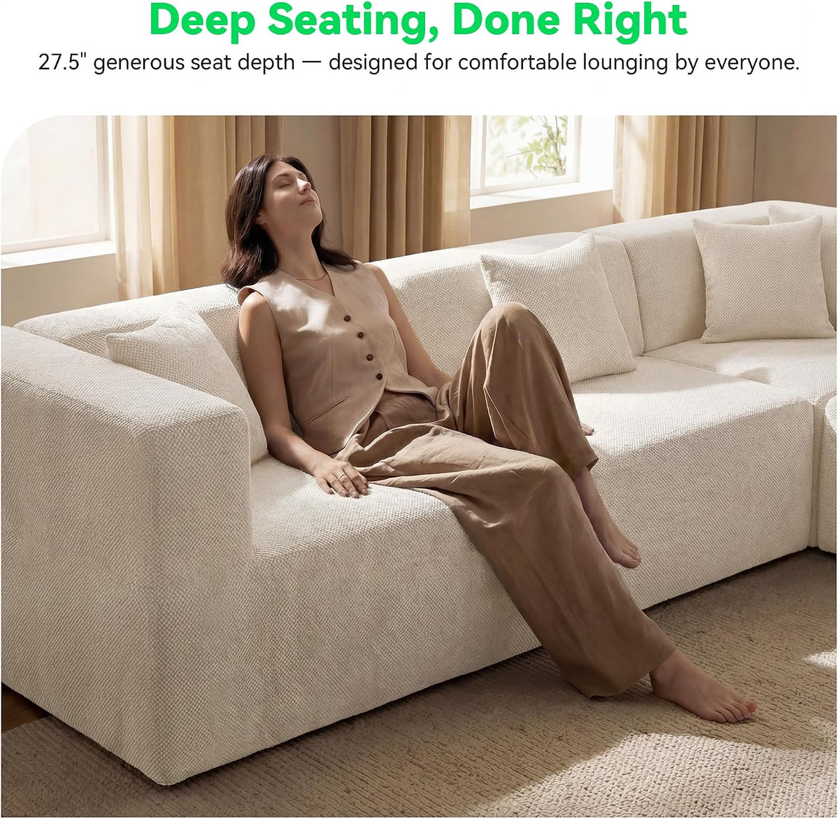 MONVANE U Shaped Sectional Couch Oversized, Chenille, Beige | 6-Seat Sectional Couch for Living Room, Modular Cloud Sofa with Ottoman & 6 Throw Pillows, No Assembly Required