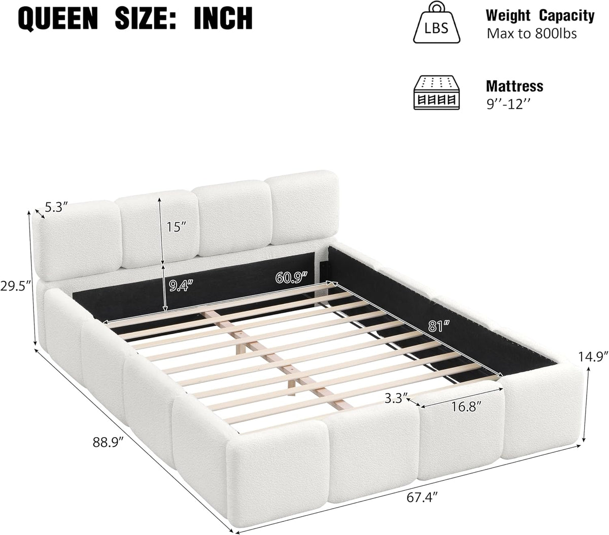 Christopher Knight Home Hazel Queen Size Platform Bed, Boucle Thick Headboard and Footboard, Upholstery Grounded Beds, Block Style, Wood Slat Panel Support, No Spring Box Needed, Easy Assembly, White