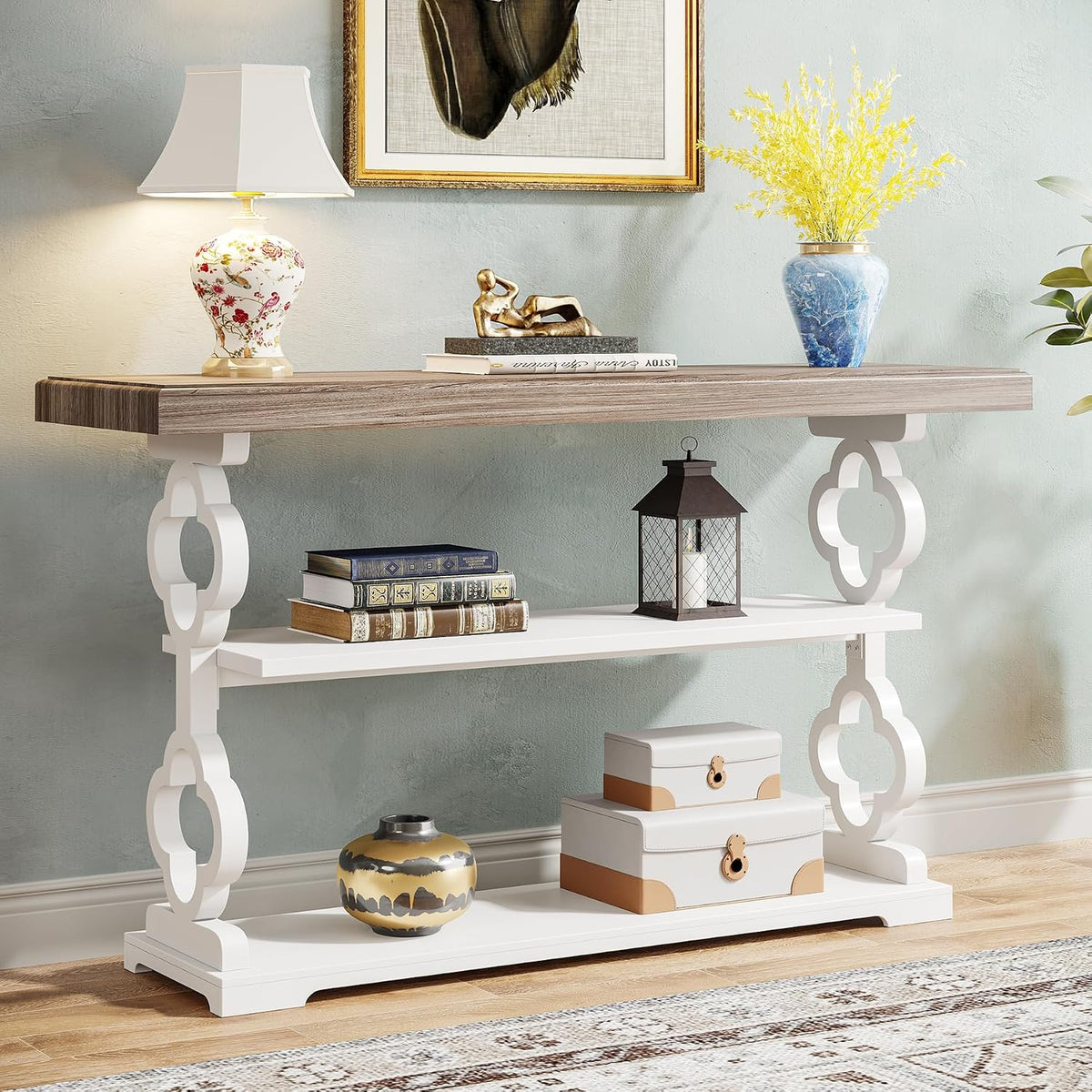 Tribesigns Farmhouse Console Table, 55 inch Long Sofa Table with Storage Shelves, 3 Tier Wood Accent Entry Table for Hallway, Entrance, Living Room, Foyer, Grey and White
