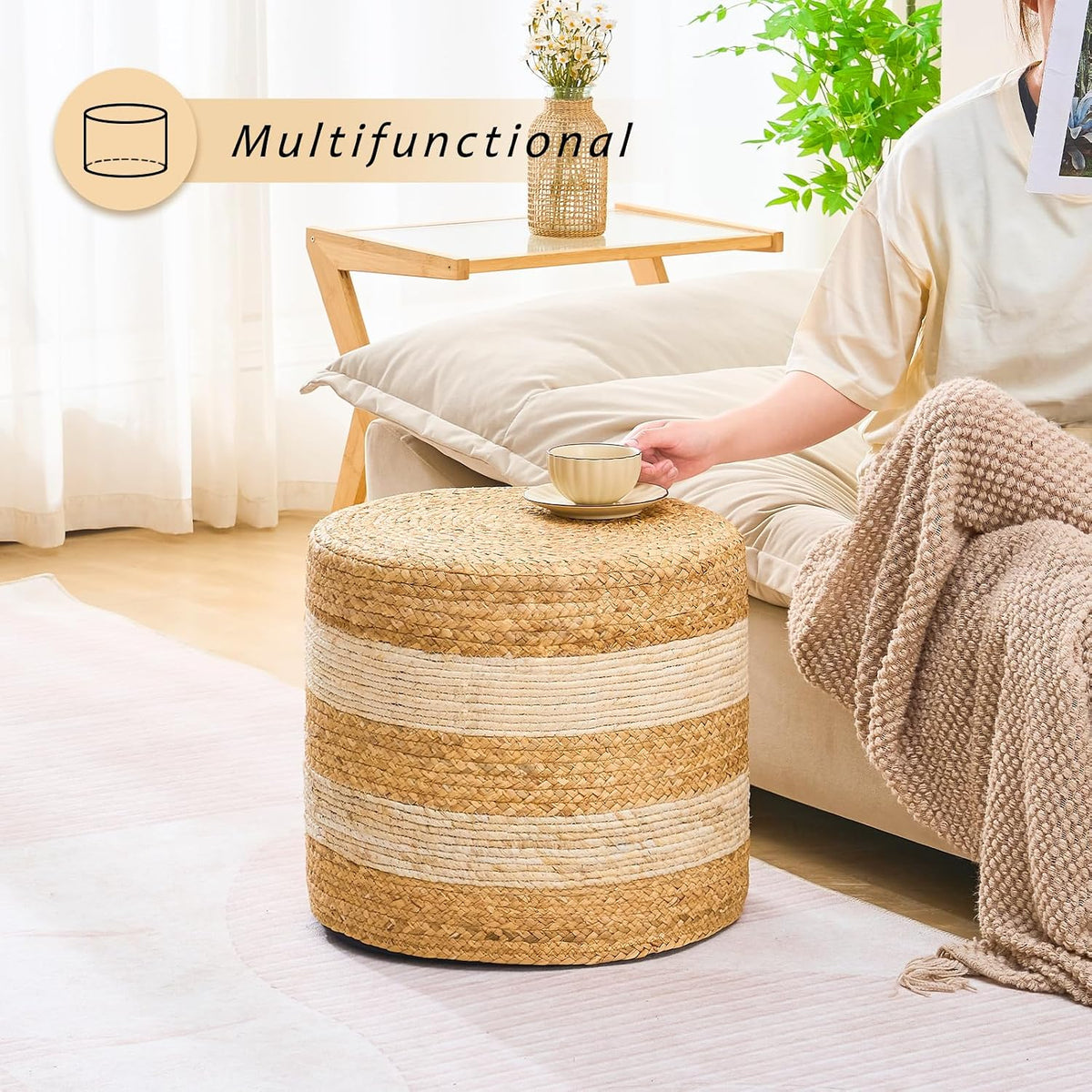 Handwoven Ottoman Pouf, Natural Water Hyacinth Footstool, Round Braided Outdoor Seat with Sturdy Frame, Boho Accent Stool for Patio, Balcony, or Garden (White)