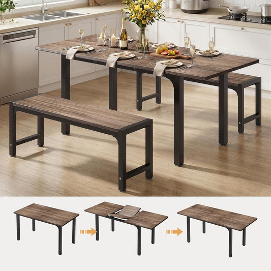 Ahomly 63“ Extendable Dining Table Set with 180° Smart-Flip Pivot, Gray | Dining Table Set for 4,Kitchen Table with Bench,Small Dining Table,Perfect for Small Space,Dinner Room Table Set for 6