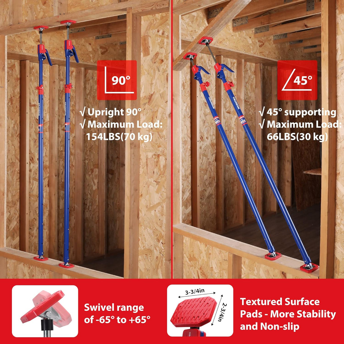 WORKPRO Cabinet Jack Support Pole, 54-114 Inches Steel Telescopic Quick Support Rod Adjustable 3rd Hand Support System with 154 lbs Capacity for Cabinet Jack, Drywall Jack& Cargo Bars, 2-Pack