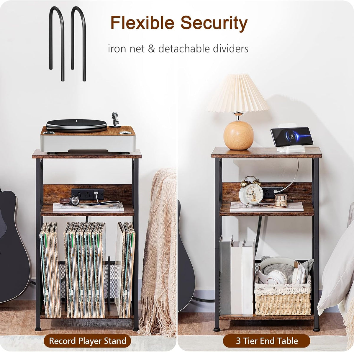 AMHANCIBLE Record Player Stand with Charging Station, Turntable Stand with Storage Cabinet, 3 Tier End Table Hold Up to 100 Albums, Record Table for Vinyl, Living Room, Rustic Brown, HETCD01BR-1
