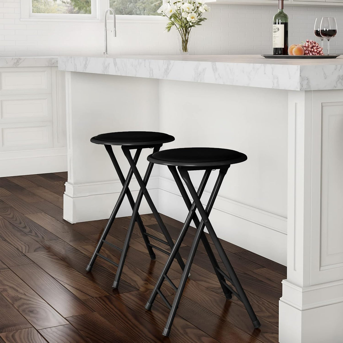 Lavish Home Folding Stool with Padded Backless Seat Set of 2, Black, 24” | Counter Height Bar Stools with 225lb Capacity, Portable Indoor & Outdoor, Extra Seat for Kitchen, Rec Room or Camping
