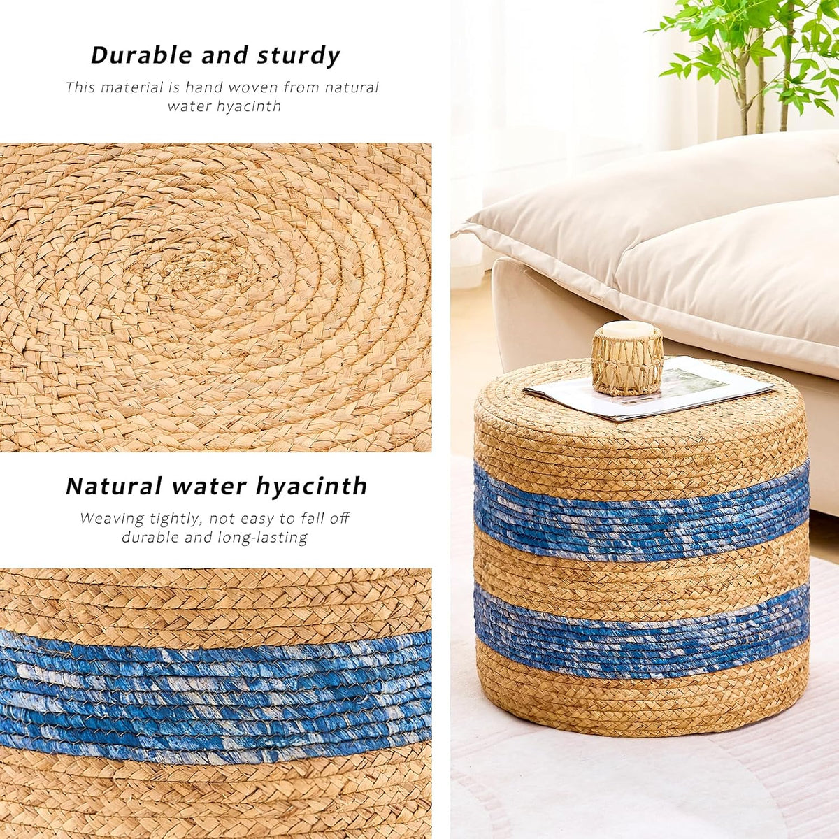 Handwoven Ottoman Pouf, Natural Water Hyacinth Footstool, Round Braided Outdoor Seat with Sturdy Frame, Boho Accent Stool for Patio, Balcony, or Garden (Blue)