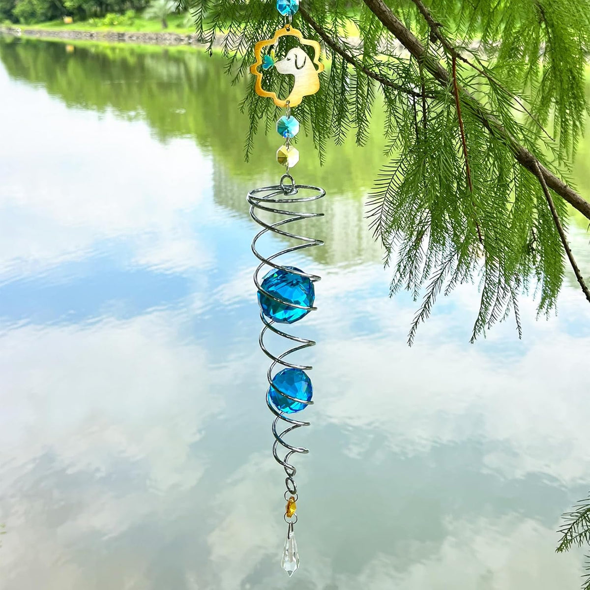 FONMY Dog Gazing Ball Spiral Tail Wind Spinner Sun Catcher Rainbow Maker Silver Double-Spiral W/Blue K9 Crystal Ball Tree Hanging Ornament Indoor Outdoor Garden Decor. -19.5inch H