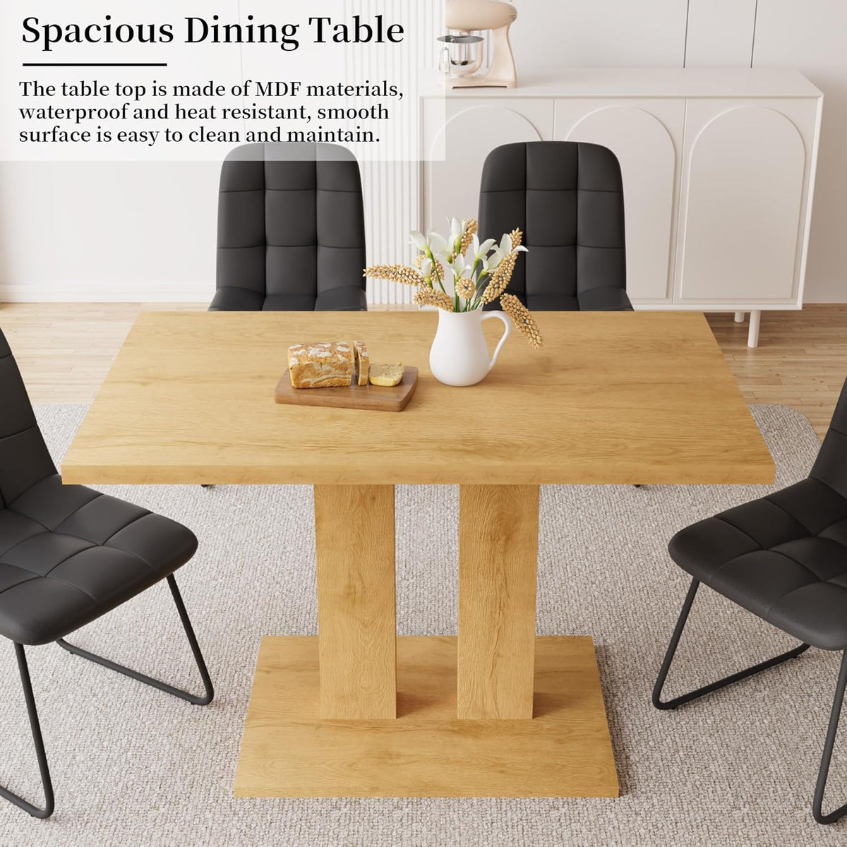 Dining Table Set for 4-6 People, 46 Inch Modern MDF Oak Kitchen Table with 4 Faux Leather Chairs, Rectangular Dining Room Table Set for Home, Small Spaces, Breakfast Nook (Oak Table + 4 Black Chairs)