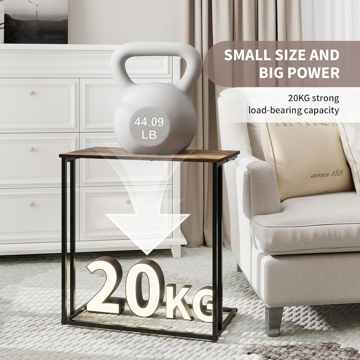 C-Shaped Side Table, Modern End Table with Metal Frame, Space Saving Design for Living Room，Large Surface Couch Table for Bedroom, and Home Office，24 x 12 x 24 inches (Rustic Brown)