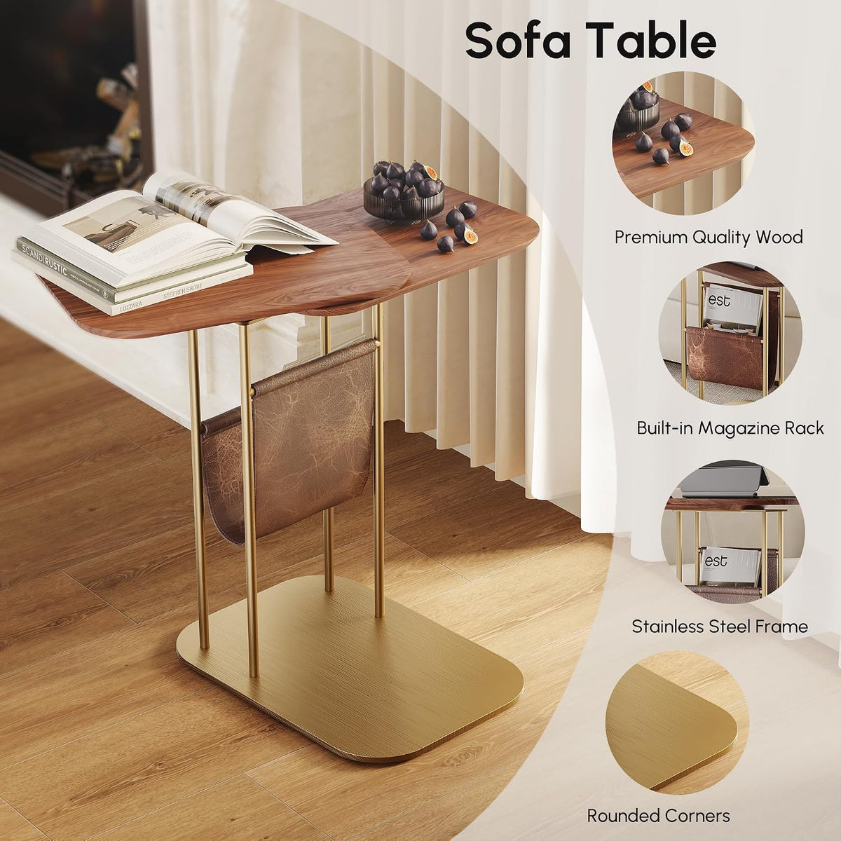 LOVEDIMA C-Shaped Walnut & Gold Rotating Side Table with Storage - 360° Swivel Top,Built-in Magazine Rack,Modern End Table for Sofa/Bedside