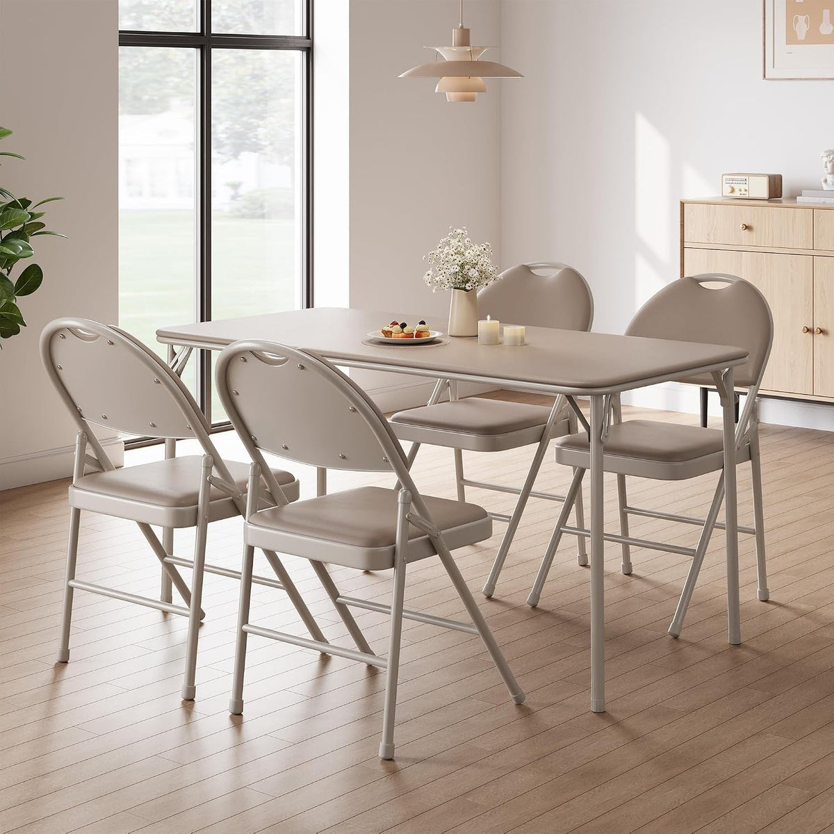 coucheta 5-Piece Rectangle Folding Table and Chairs Set, Foldable Portable Card Table and Chairs, Scratch & Stain Resistant Tabletop, for Dining Room, Living Room, Office, Camping, Gatherings, Beige