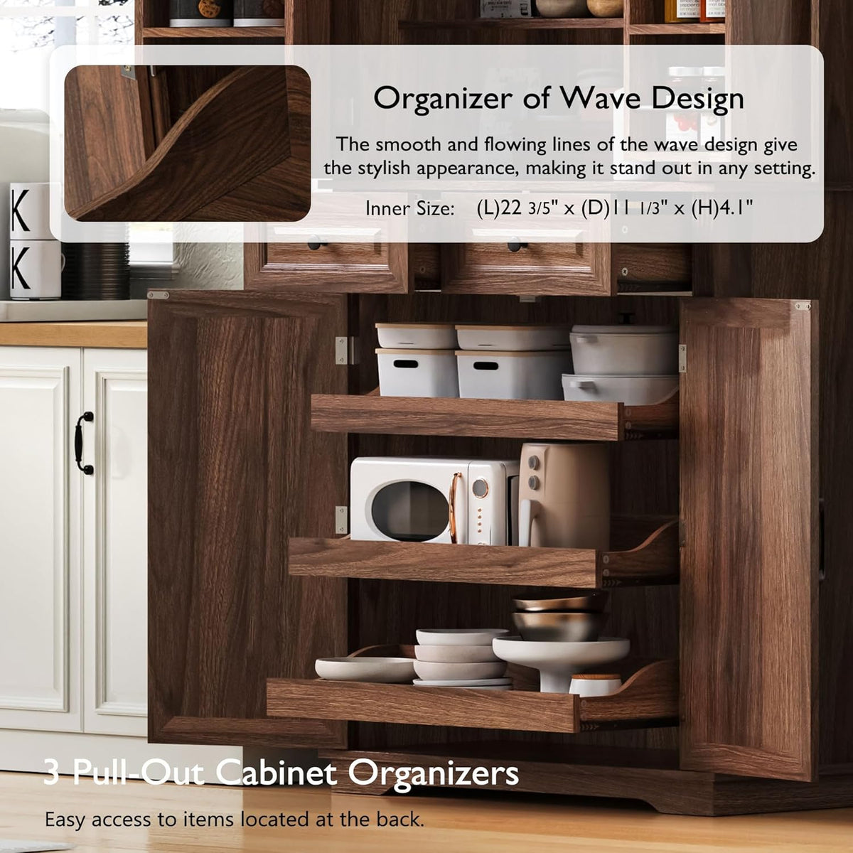 71" Tall Mid-Century Modern Kitchen Pantry with 3 Pull-Out Cabinets & 2 Drawers, Farmhouse Storage Cabinet with 6 Door Shelves & 2 Adjustable Shelves, Freestanding Cupboard for Dining Room ,Brown
