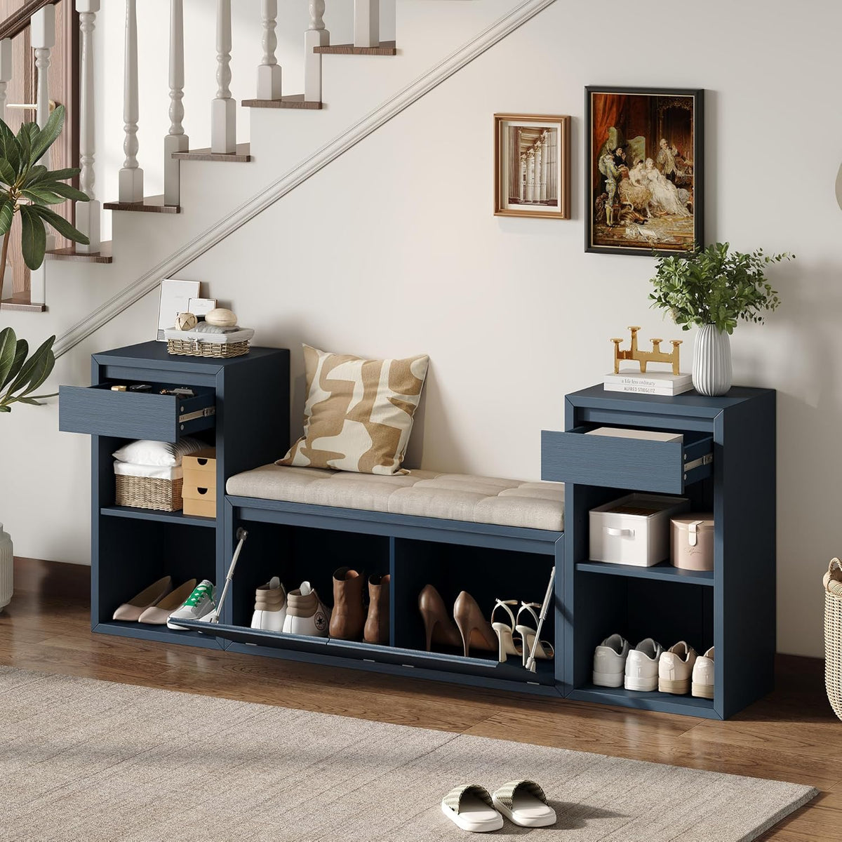 All in One Entryway Shoe Storage Bench with Cushion, Compartments, Drawers, Open Shelves for Hallway, Mudroom, Living Room Antique Navy