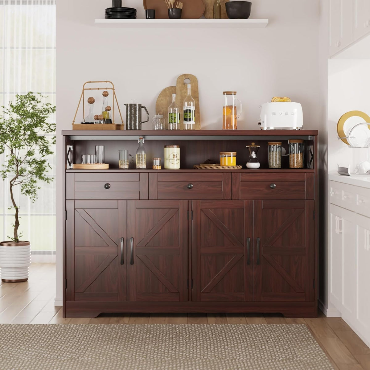 51" Dark Brown Buffet Sideboard Cabinet, Farmhouse Storage Cabinet Kitchen Pantry with Shelf and Drawers, Wood Cupboard Hutch Cabinet, Coffee Bar Station Table for Kitchen, Living Room, Dining Room