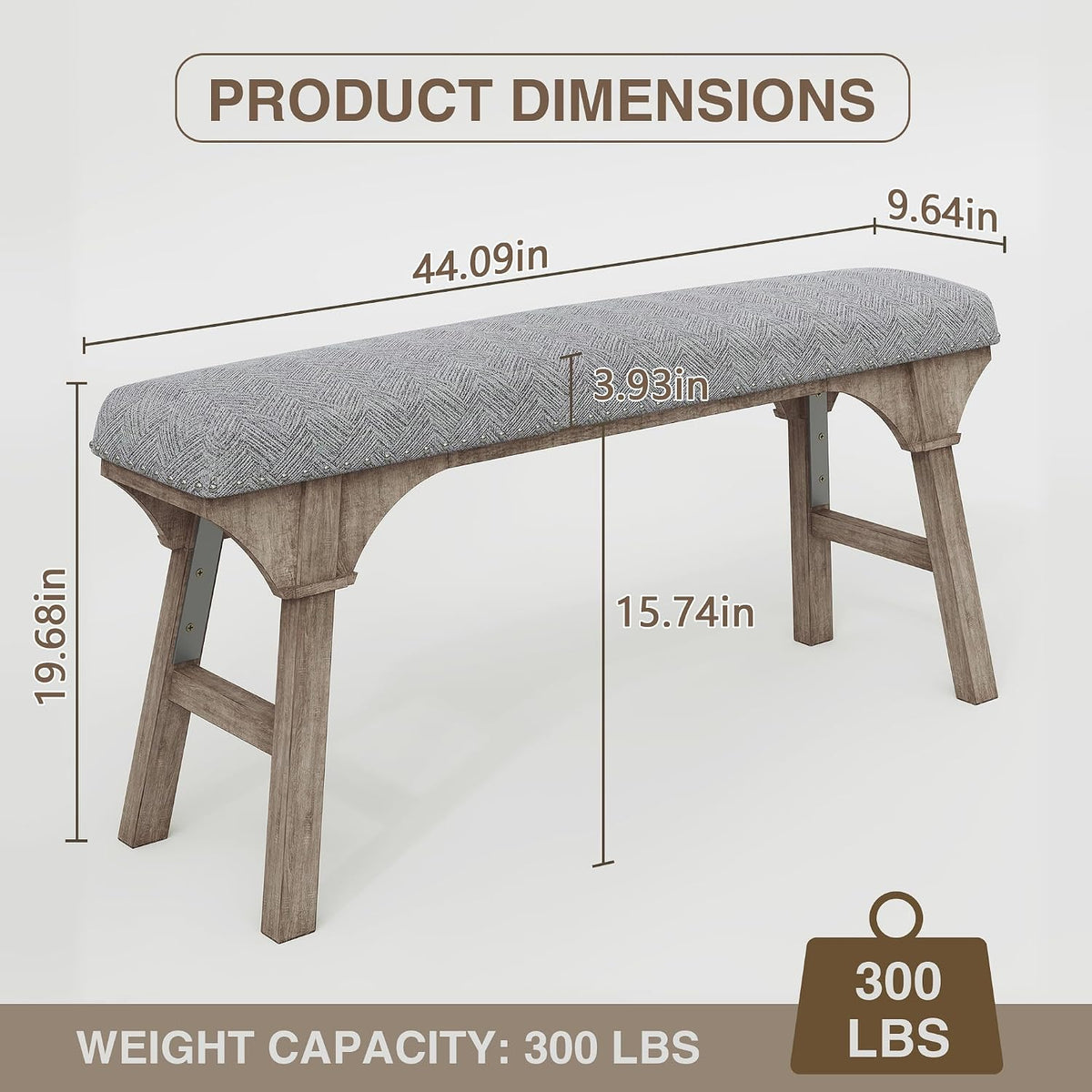 DIBRATY 44'' Upholstered Entryway Bench, Vintage Linen Texture End of Bed Bench with Solid Wood Legs, 300 LBS Weight Hallway Shoe Storage Benchs for Kitchen, Living Room, Gray