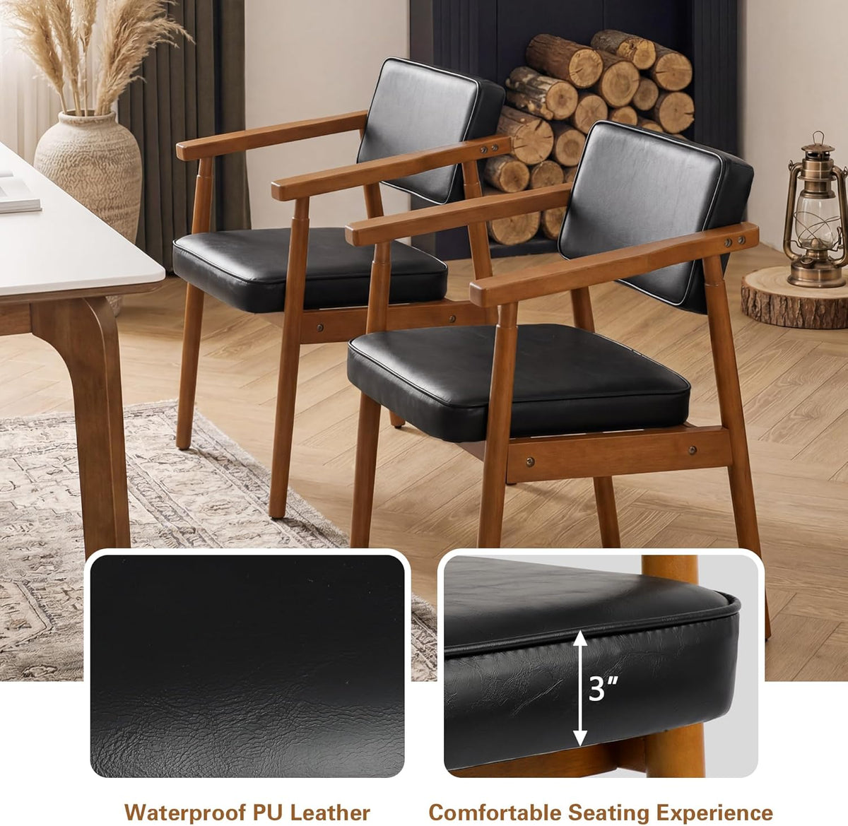 LSSPAID Mid Century Dining Chairs Set of 4, Black PU Leather with Walnut Finished Handrails Comfy Backrest, Farmhouse Dining Room Chairs for Kitchen, Living Space & Restaurant