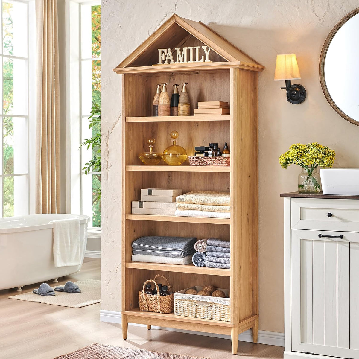 75.9" Tall Farmhouse Bookcase, Angle Arched 5 Tiers Large Bookshelf with Adjustable Shelves, Modern Wooden Geometric Book Shelf w/Storage and Open Display Shelves for Living Room, Office-Natural