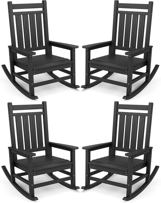 SERWALL Outdoor Rocking Chair Set of 4, HDPE Rocker for Adults, Black | 21.1" Widened Seat adds Extra Comfort, Oversized Rocking Chair for Adults, All Weather Porch Rocker for Lawn Garden
